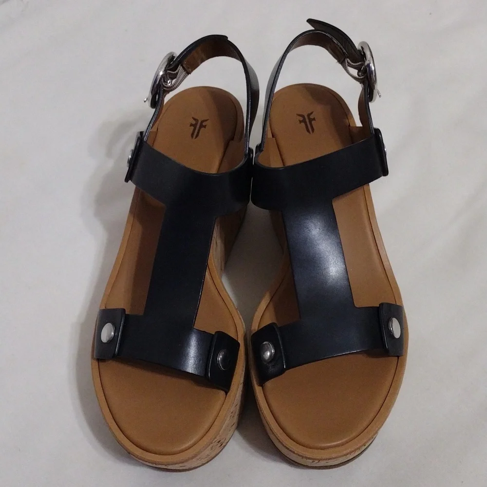 NEW Frye Black Leather Cork Wedge Platform Sandals Boho Luxe US 8.5 MSRP $458